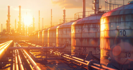 Canvas Print - A row of storage tanks with numbers on them, arranged in front of an oil and gas industrial plant background