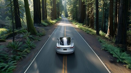 Wall Mural - Electric sedan car journeying through an avenue of towering redwood trees, illustrating the concept of eco-friendly travel and modern adventure