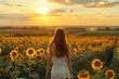 © Karl - Young Woman in Dress Walking through Sunflower Field at Sunset