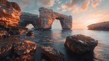 Coastal Majesty: Natural Stone Bridge At Sunrise/Sunset