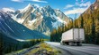 Majestic Snowy Mountain Landscape with Truck Driving on Remote Road