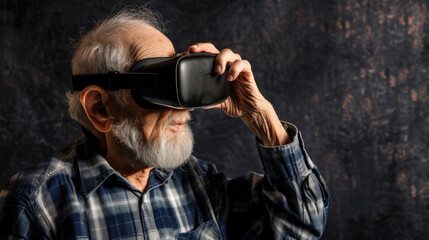 Old man getting new experiences with virtual reality device