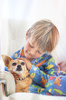 Home, sofa and kid with dog as pet in living room for fun, play and bonding with child development. Connection, animal and puppy in couch at lounge for care with support, love and childhood memories.