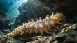 Underwater marine invertebrate, sea cucumber, crawls on reef rocks