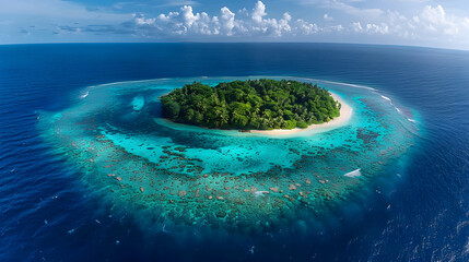 A coral atoll from above, the rich blues of the deep ocean contrasting with the bright turquoise of the shallow waters inside the reef