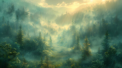 Wall Mural - A dense, misty forest at dawn, the trees shrouded in fog, creating a mysterious and ethereal landscape