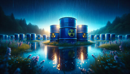 Radioactive barrels under rain at night with forest background.