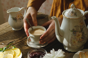 Sticker - Tea party. Woman drinking tea with milk. Morning breakfast.