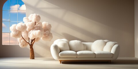 Wall Mural - White fluffy bubble boucle sofa is sitting in an empty room mock up background decoration scene