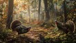 Two turkeys are nestled among trees in a natural landscape