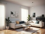 Fototapeta  - A modern living room with two white sofas, a wooden coffee table, and decorative plants. Sunlight streams through large windows with sheer curtains.