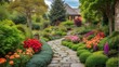 A verdant garden including vibrant flowers and a stone walkway. Inspiration for Gardens and Landscape Design. environmentally friendly landscaping