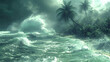 A hurricane seen from the coast, the waves tumultuous and crashing into the shore with fierce wind bending the palm trees