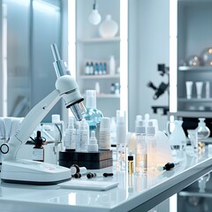 Poster - A pristine cosmetic science laboratory showcasing skincare products and a professional microscope on a clean workbench.