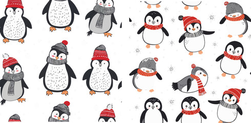 Sticker - Cute baby penguins in winter clothing and hats