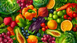 Background of vegetables, fruits and berries. Top view of organic plant products for healthy eating. Illustration.