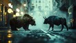 The Financial Face-Off: Bull vs Bear in a Gripping Urban Scene