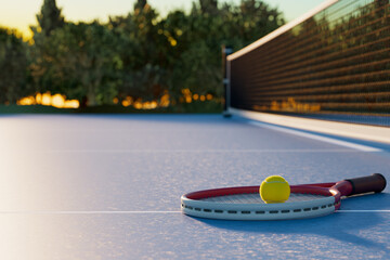 Wall Mural - There is a tennis racket and ball on the sports court 3D rendering.