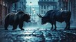 Clash of the Titans: Bull vs Bear in a Suspenseful Urban Showdown