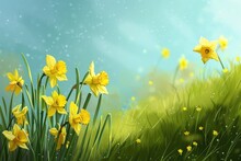 Daffodil Flowers In Spring Field With Yellow Grass Background