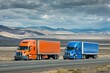 Maintain. Team of Two Semi Hauler Trucks Carrying Freight in Dry Van Trailers during California Transportation Route