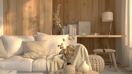 Wall Mural - Contemporary Room. Modern Home Office with White Desk, Sofa, and Stylish Furniture