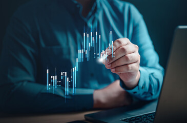 Wall Mural - broker, chart, statistic, wealth, diagram, global, graph, index, invest, analytics. A man is drawing a graph on virtual screen. The graph is a representation of stock market trends.