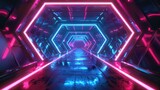 Fototapeta Przestrzenne - Abstract techno concept: a futuristic tunnel in 3D, lit by neon, offers immense perspective depth. 3d background abstract