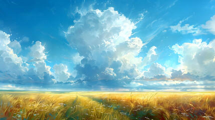 Wall Mural - A thunderstorm approaching over a summer prairie, the dramatic clouds contrasting with the bright, sunlit fields below