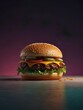 Mouth-watering hamburger topped with cheese, lettuce, and onions on a dark background. Restaurant ad design. Generative ai