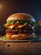 3d Hamburger with cheese, lettuce, and onions on a dark background. Burger poster ad design for restaurant. Generative ai