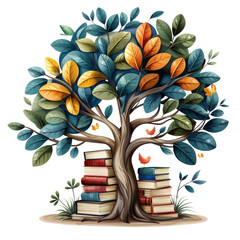 Wall Mural - Knowledge tree isolated on white transparent, World book day, PNG