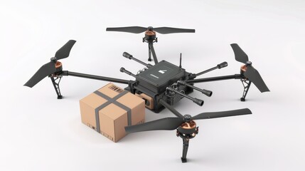 Wall Mural - A drone with four propellers is hovering over a cardboard box