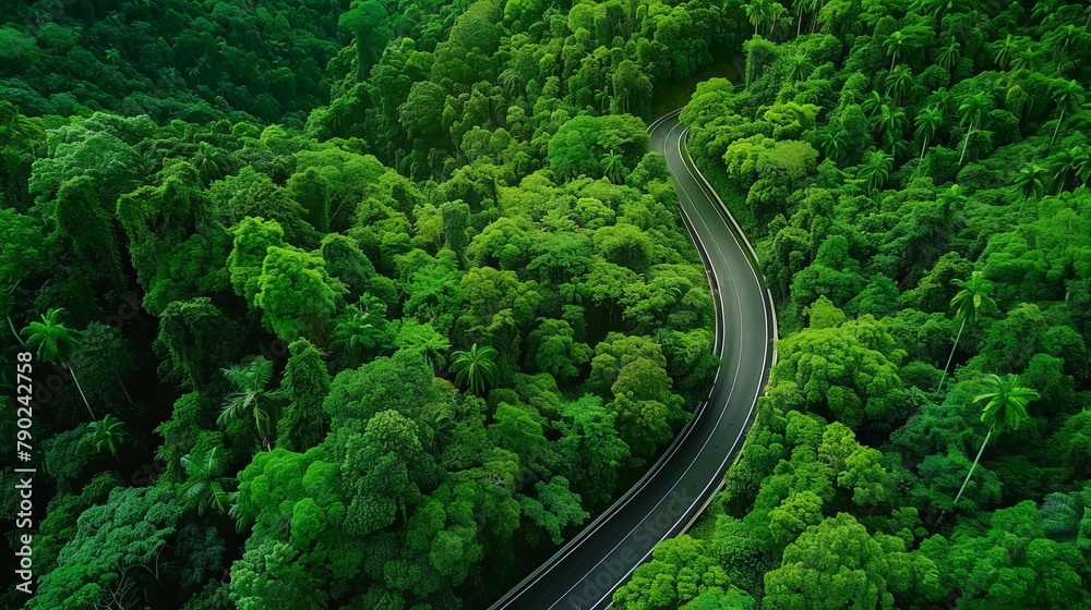 Lush tropical forest canopy from above with a winding road, a visual ...