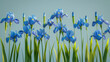 Lively blue iris flowers in full bloom, standing tall against a soft sky blue background, embodying freshness and beauty.
