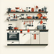Flat Illustration of Stylish Modern White Kitchen with Bright Utensils