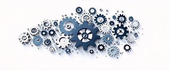 Poster - Complex array of interconnected gears in varying sizes on a white background. Industrial machinery and mechanical engineering concept.