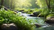  A photorealistic image capturing a beautiful spring scene with a detailed close-up of a stream of fresh water. The composition includes young green plants surrounding the stream, creating a vibrant a