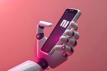 Poster - Robot hand holding a smartphone displaying AI technology interface. Concept of artificial intelligence and future communication for design and web.