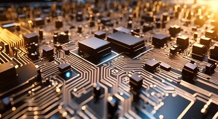 Poster - Close-up of an electronic circuit board with microchips and processors. Concept of technology and computer hardware design 