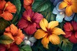 Lush illustration of tropical hibiscus in a full spectrum of color against dark green leaves..