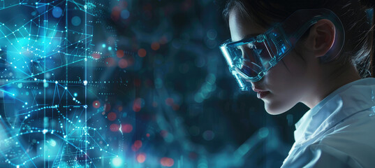 Wall Mural - Female scientist working in laboratory with holographic blue background, wearing safety glasses and white lab coat