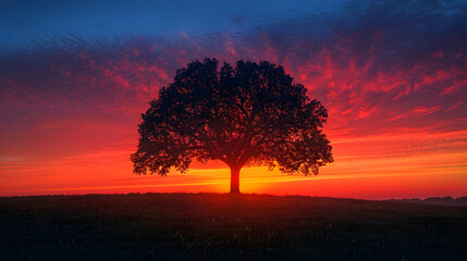 Wall Mural - The silhouette of a single tree on a hilltop, captured against the vibrant colors of a sunrise sky