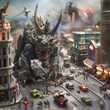Colossal Mythical Beast Rampaging Through a Miniature Toy City