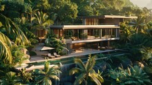 A Modernist Villa With Sleek Lines And Minimalist Design, Nestled Amidst Lush Tropical Foliage And Cascading Waterfalls, Featuring Open-plan Living Spaces And Infinity Pools That Blur