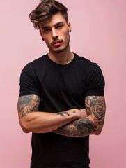 Wall Mural - Tattooed man wearing black t-shirt short sleeve and black jeans isolated on plain background