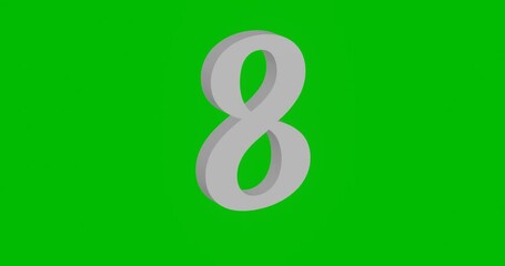 Poster - Animation of rotation of a white number eight symbol with shadow. Simple and complex rotation. Seamless looped 4k animation on green chroma key background