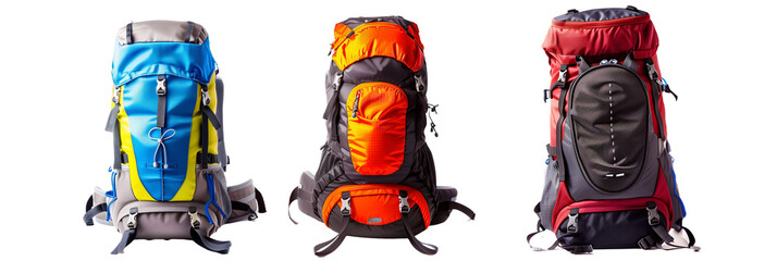 set of different sporty backpacks for athletes, with breathable materials and compartments for sports equipment, isolated on transparent background