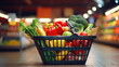 fresh vegetable in basket on blur supermarket background
