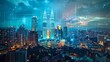 A holographic hologram of abstract technology icons surrounds a panoramic view of Kuala Lumpur, Malaysia, Asia. Concept of connections and networking among individuals. Double exposure. 